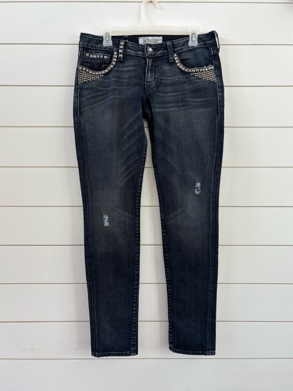 PRVCY Dark Blue Skinny Jeans with Studded Pocket Trim